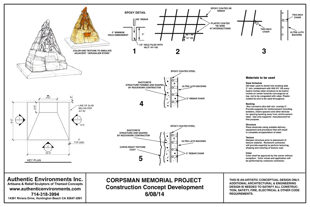 Construction concept drawings with structural diagrams and rebar configurations