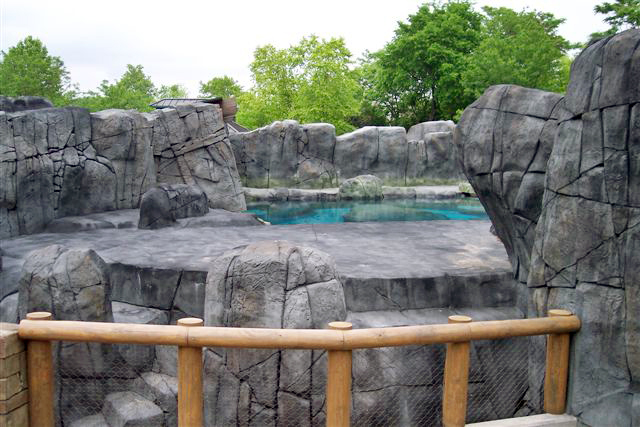 Completed zoo aquatic habitat with rock formations